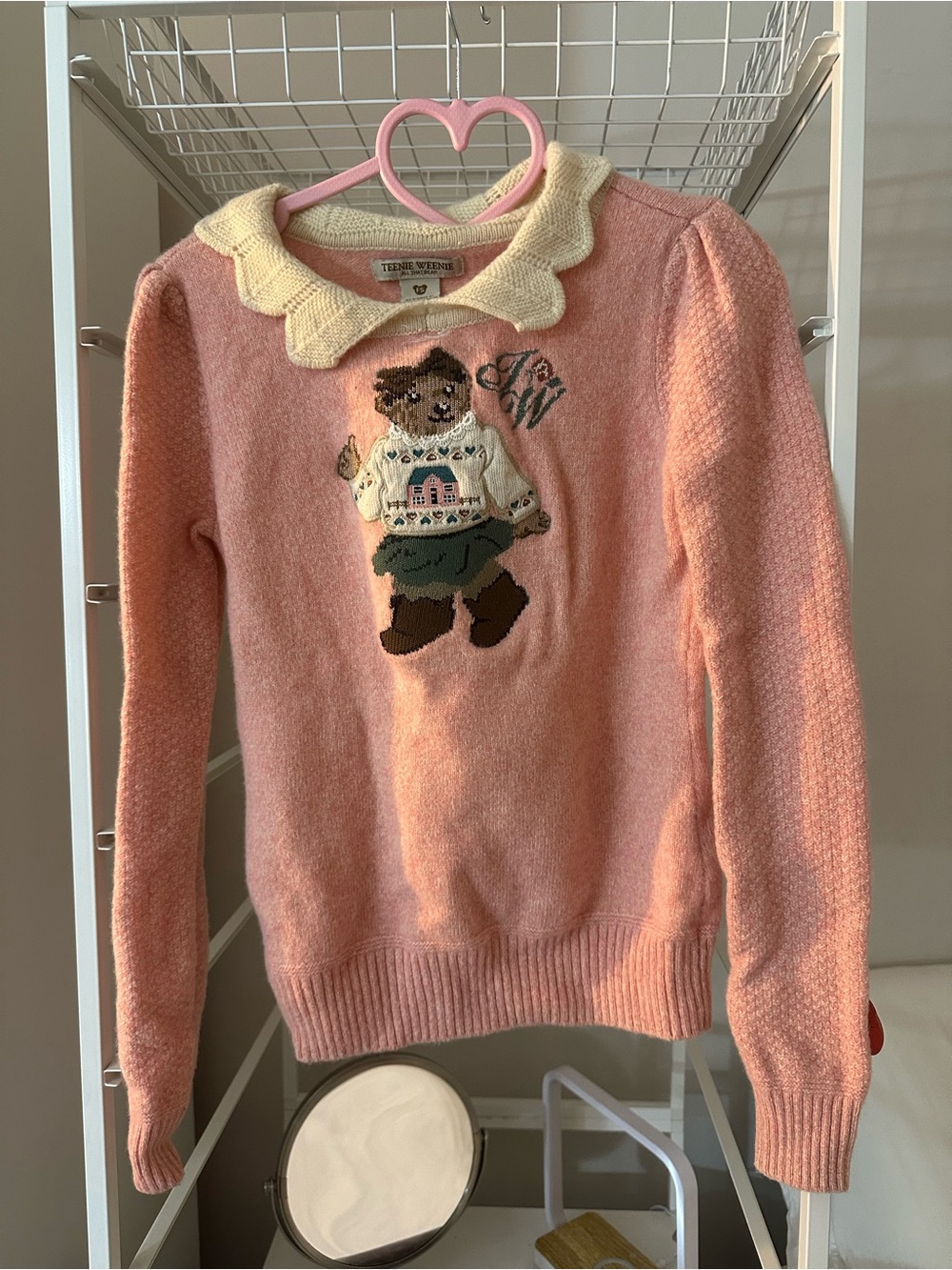 Teenie Weenie Pink and Cream Teddy Intarsia Sweater